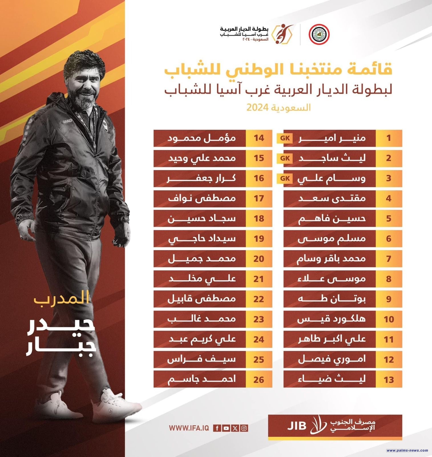 الإعلان عن قائمة منتخب شباب العراق المشارك ببطولة الديار العربية